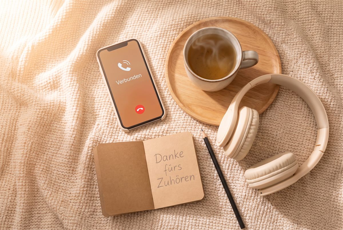 Smartphone und Kopfhörer auf einer weichen Decke neben einer Tasse Tee – Beratung bequem von zu Hause